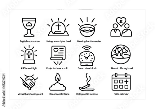 Hybrid Faith Rituals Icons. Outline icon set of Hybrid faith rituals: digital communion cup, hologram