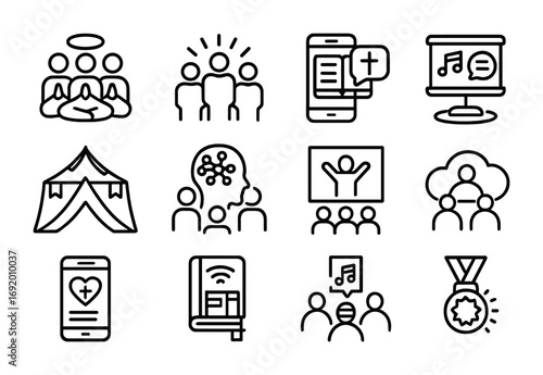 Faith-Based AI Icons. Outline icon set of Faith-based AI communities: virtual prayer circle, glowing group