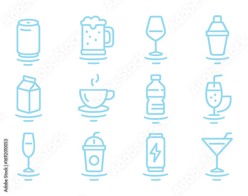 Holographic Drink Icons. Outline icon set of Holographic drinks: neon soda can, glowing beer mug, hologram