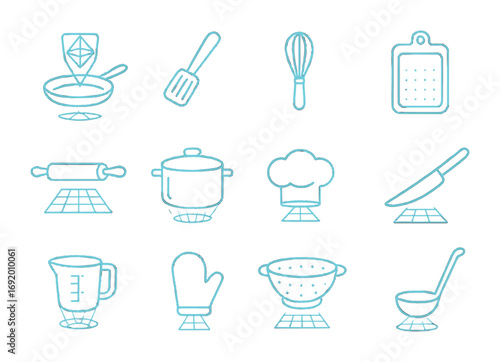 AR Cooking Icon Set. Outline icon set of AR cooking tools: hologram frying pan, glowing spatula, 3D whisk,