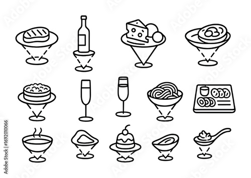 Gourmet Hologram Icons. Outline icon set of Gourmet holograms: hologram steak plate, glowing wine bottle, AR