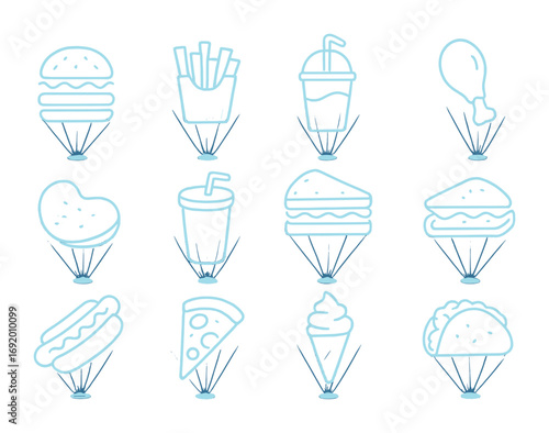 Hologram Fast Food Icons. Outline icon set of Hologram fast food: neon burger, 3D fries, hologram milkshake,