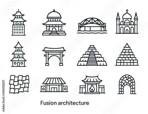 Fusion Architecture Icons. Outline icon set of Fusion architecture: temple skyscraper, dome pagoda, bamboo