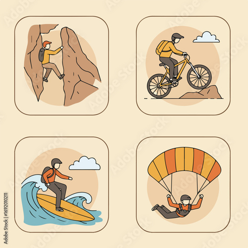 Outdoor adventures climbing, biking, surfing, skydiving icons