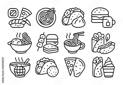 Global Cuisine Icons. Outline icon set of World cuisine icons: sushi pizza, pasta tacos, dumpling burger,