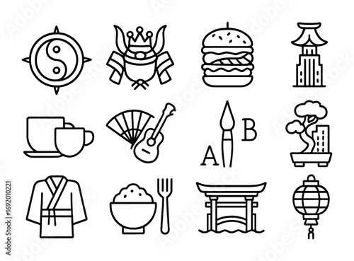 East Meets West Icons. Outline icon set of East meets West: yin-yang with compass, samurai helmet with crown,