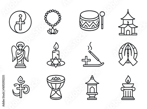 Spiritual Icon Grid. Outline icon set of Spiritual fusion: yin-yang cross, lotus rosary, tribal prayer drum,