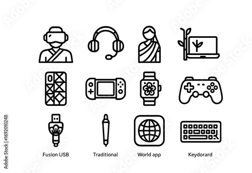 Cultural Tech Icons. Outline icon set of Traditional meets digital: VR mask kimono, tribal headphones, neon