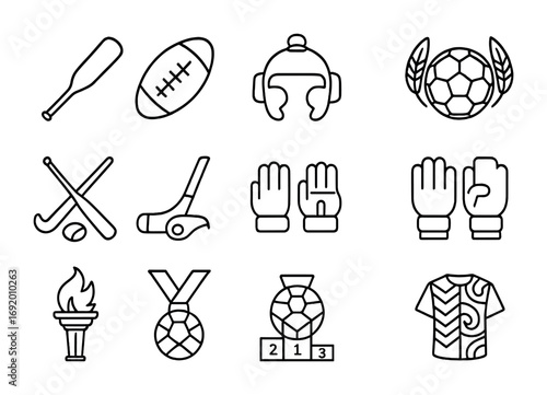 Global Sports Icon Set. Outline icon set of Global sports fusion: cricket baseball bat, football rugby ball,