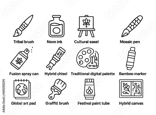 Art Fusion Icon Set. Outline icon set of Art fusion: tribal brush, neon ink bottle, cultural easel, mosaic pen