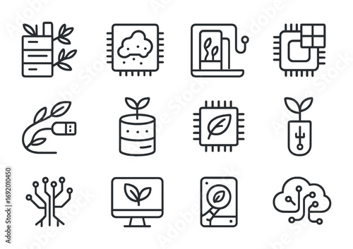 Eco-Tech Icon Grid. Outline icon set of Nature-integrated computing: bamboo server, moss processor, algae