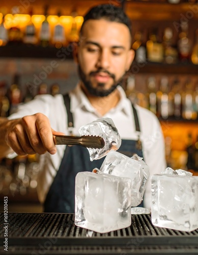 Bartender arranging ice cubes at bar