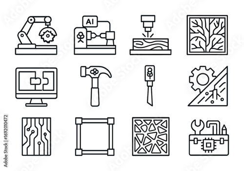 Woodworking Tech Icons. Outline icon set of Machine Woodworking: robotic saw, AI lathe, laser wood engraver,