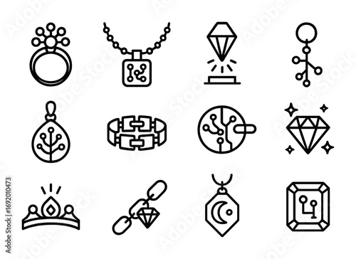 Generative Jewelry Icons. Outline icon set of Generative Jewelry: fractal ring, AI necklace, holographic