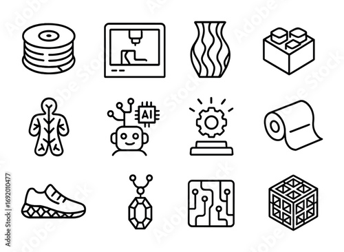 3D Print Icons. Outline icon set of 3D Printed Crafts: filament spool, robotic printer, generative vase,