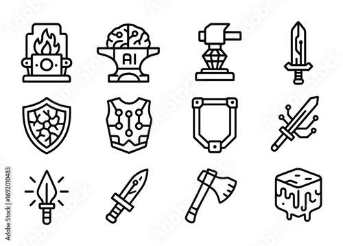 AI Blacksmith Icon Set. Outline icon set of AI Blacksmithing: robotic forge, neural anvil, holographic hammer,