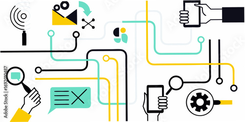 Abstract illustration of digital communication and data flow with icons representing technology and connectivity