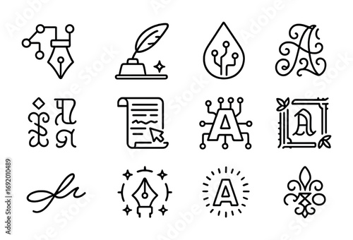 Digital Calligraphy Icons. Outline icon set of Digital Calligraphy: AI pen, holographic quill, neural ink drop