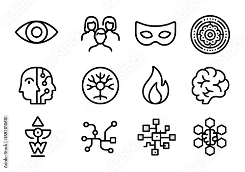 Cognitive Symbolism Icons. Outline icon set of Cognitive Symbolism: symbolic eye, archetype icons, symbolic