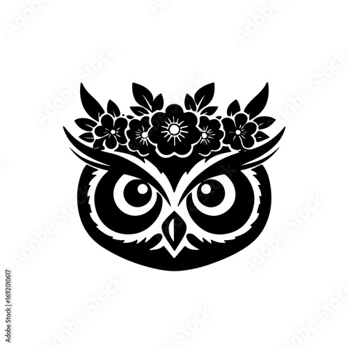 A whimsical and enchanting set of black and white icons featuring a majestic owl's head adorned with a delicate floral crown