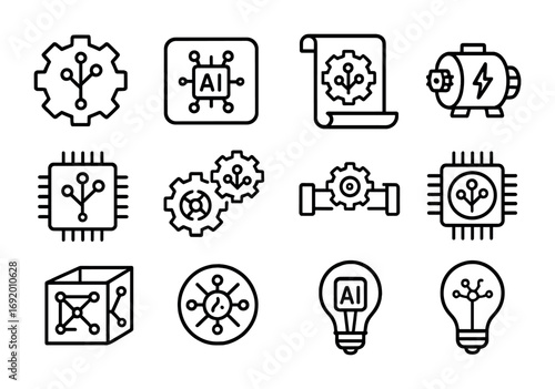 Reasoning Engines Icons. Outline icon set of Reasoning Engines: inference gear, AI reasoning box, logical