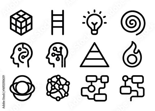 Abstract Concept Icons. Outline icon set of Conceptual Abstractions: abstract concept cube, symbolic ladder,