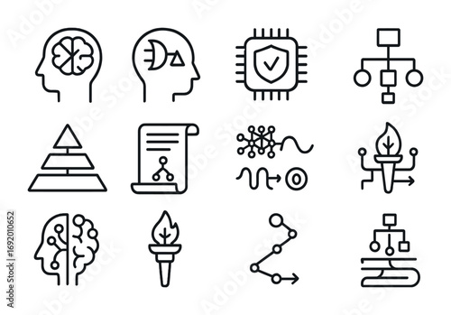 AI Logic Icons. Outline icon set of AI and Logic: symbolic AI head, logic brain overlay, circuit proof icon,