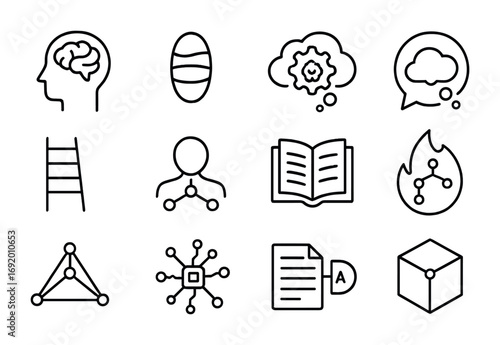 Cognitive Semantics Icons. Outline icon set of Cognitive Semantics: semantic brain, meaning spectrum icon,