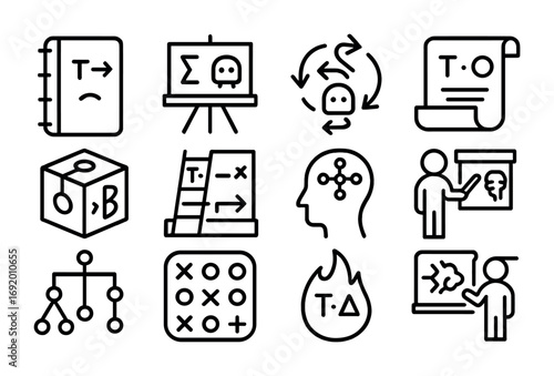 Symbolic Learning Icons. Outline icon set of Symbolic Learning: logic notebook, AI chalkboard, symbolic