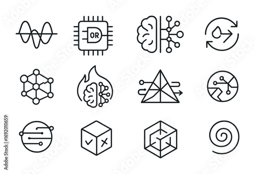 Neuro-Logic Icon Set. Outline icon set of Neuro-Logic Fusion: neural logic waves, symbolic processor chip,