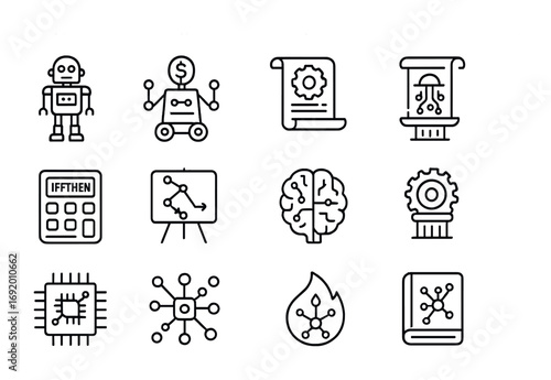 Symbolic AI Heritage Icons. Outline icon set of Symbolic AI Heritage: early AI robot, logic automaton,