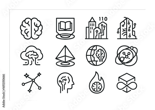 Neuro-Symbolic AI Icons. Outline icon set of Future of Neuro-Symbolic AI: futuristic brain icon, hybrid