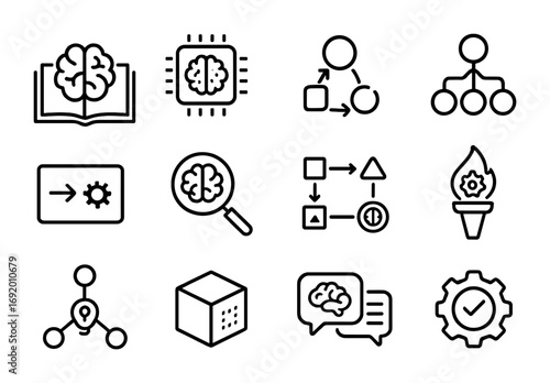 AI Interpretability Icons. Outline icon set of AI Interpretability: open book brain, transparent data chip,