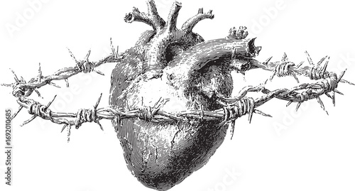 Anatomical heart with barbed wire in vintage engraving style. Detailed hand-drawn black and white vector illustration.