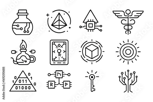 Digital Hermetic Icon Set. Outline icon set of Digital Hermeticism: hermetic seal with circuits, sacred