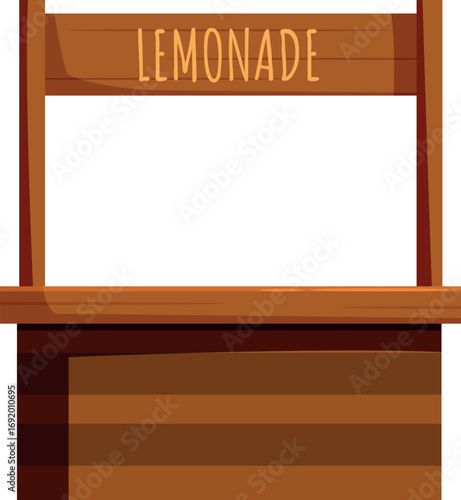 Empty wooden lemonade stand with a sign displaying lemonade ready for business