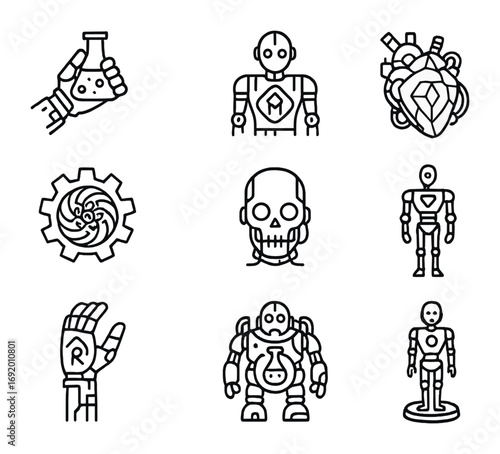 Alchemical Robotics Icons. Outline icon set of Alchemical Robotics: robotic hand with flask, humanoid