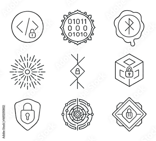 Tech Seal Icons. Outline icon set of Code Hermetic Seals: encrypted code circle, sacred binary glyph, techno