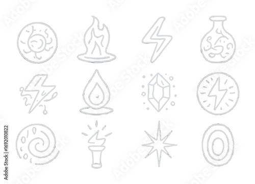 Plasma Mysticism Icons. Outline icon set of Plasma Mysticism: glowing plasma orb, holographic energy flame,
