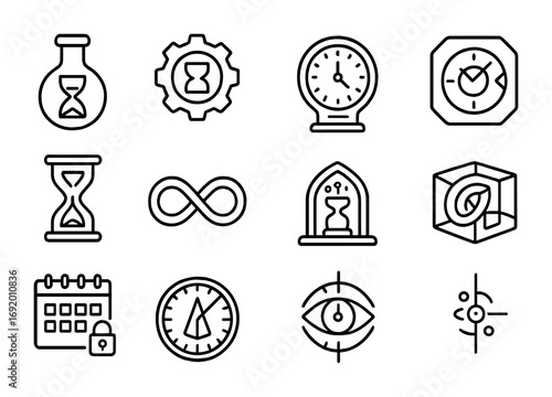 Temporal Alchemy Icons. Outline icon set of Temporal Alchemy: time flask, chrono gear, holographic hourglass,