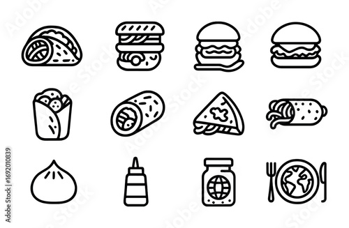 Fusion Cuisine Icons. Outline icon set of cross-cultural fusion cuisine: sushi taco, ramen burger, curry pizza