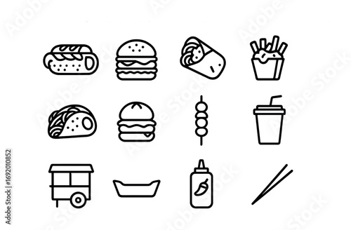 Fusion Street Food Icons. Outline icon set of fusion street food: hotdog sushi, bao burger, noodle burrito,