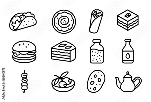 Middle Eastern Fusion Icons. Outline icon set of Middle Eastern fusion: falafel taco, hummus pizza, shawarma