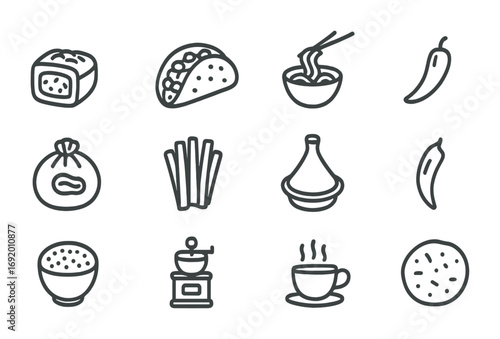 African Fusion Cuisine Icons. Outline icon set of African fusion cuisine: jollof rice sushi, injera taco,