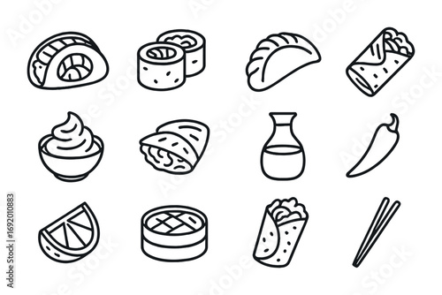 Fusion Cuisine Icons. Outline icon set of Asian-Latin fusion: sushi taco, ceviche roll, kimchi empanada,
