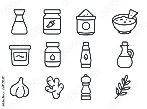 Global Spices Icons. Outline icon set of global spices and sauces: soy sauce bottle, chili paste jar, curry