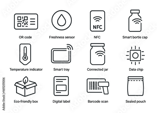 Smart Packaging Icon Set. Outline icon set of smart food packaging: QR code label, freshness sensor, NFC tag,
