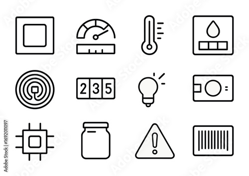 Freshness Monitoring Icons. Outline icon set of freshness monitoring: color-changing label, freshness gauge,