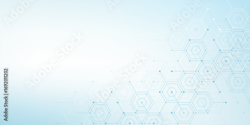 Modern health care or medical background design. Health care innovation concept. Horizontal header web banner. Abstract geometric background with hexagon shapes for medicine, science, chemistry.