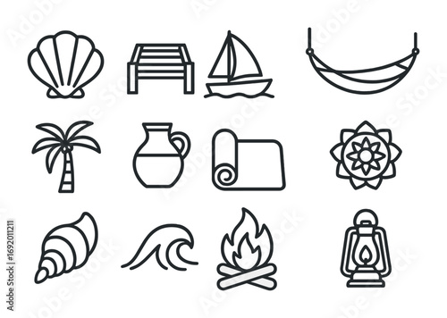 Seaside Retreat Icons. Outline icon set of seaside retreats: seashell, wooden pier, sailboat, hammock, palm